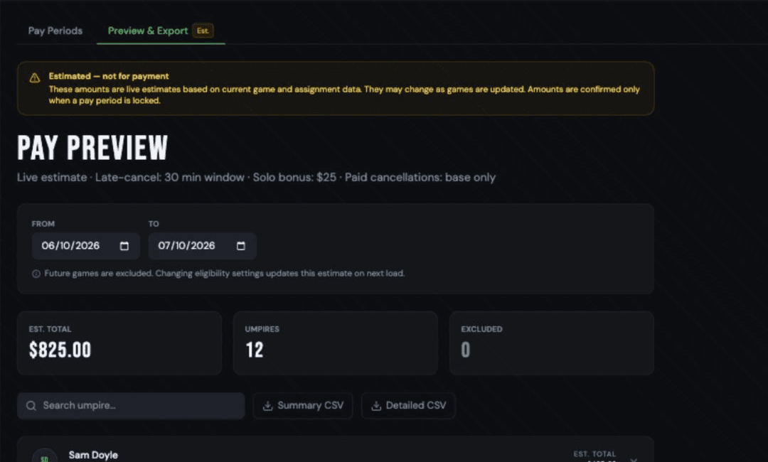 UmpSync pay tracking: the season's pay record ready for settle-up