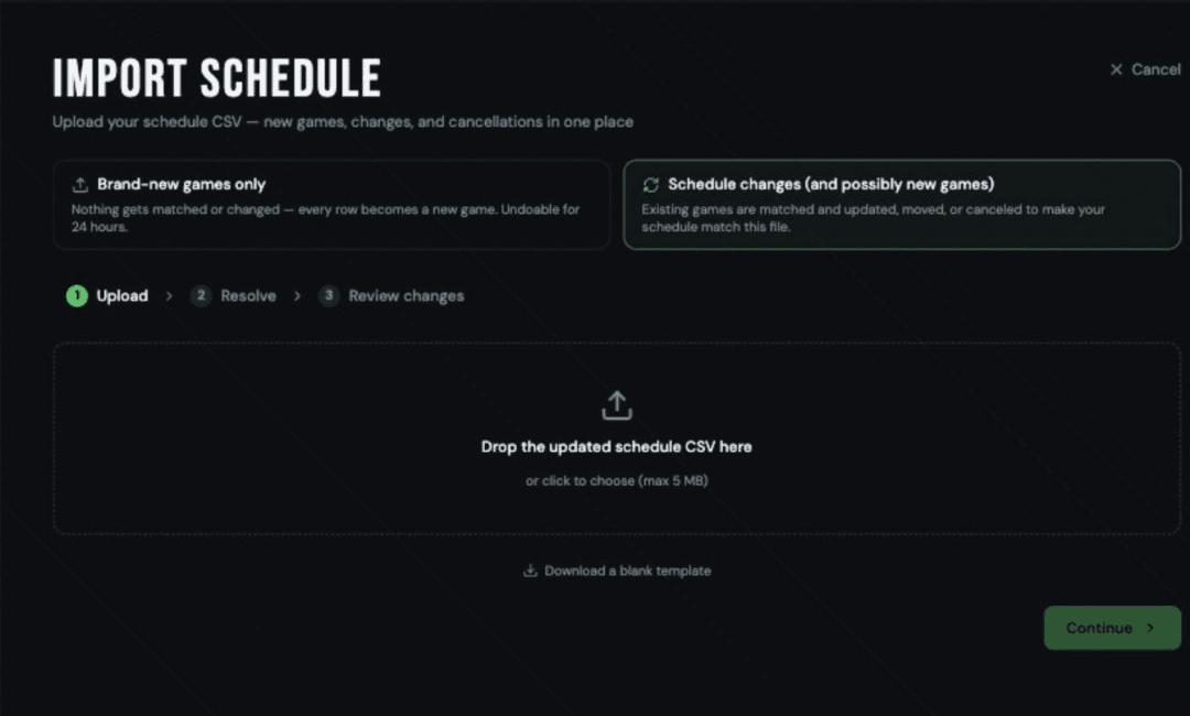 Real UmpSync schedule-import flow for the fictional Riverbend league