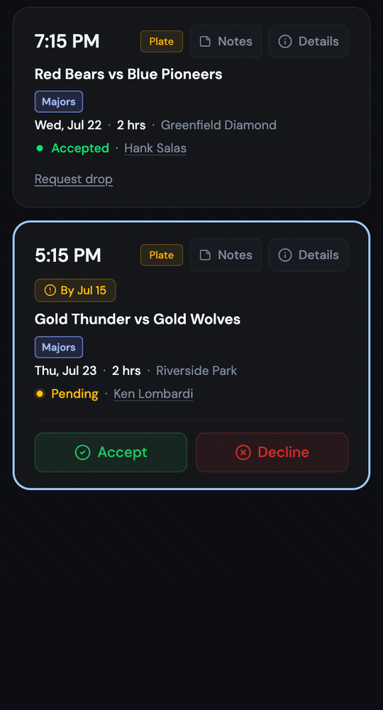Real mobile umpire assignment with Accept and Decline actions in the fictional Riverbend league
